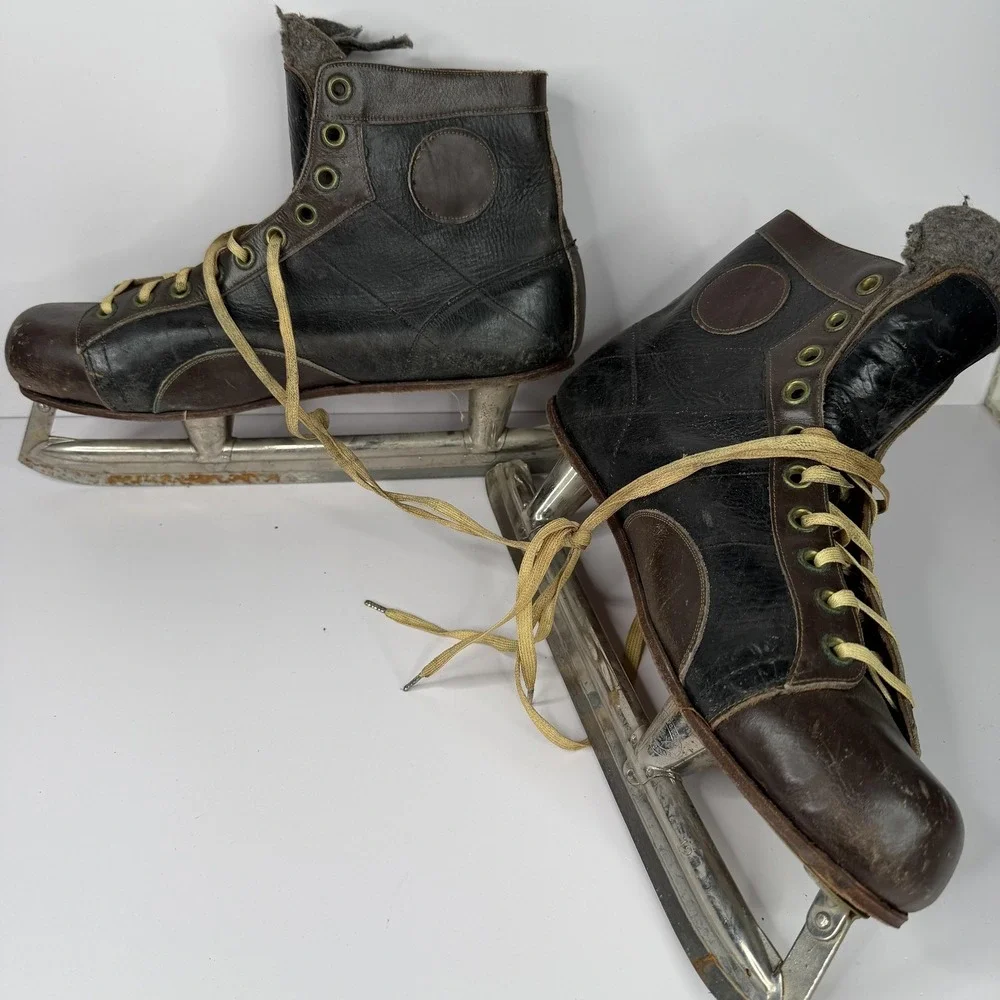 Vintage Starr Mfg REX Ice Skates Size 7.5 Black Brown Leather Canada Senior‎